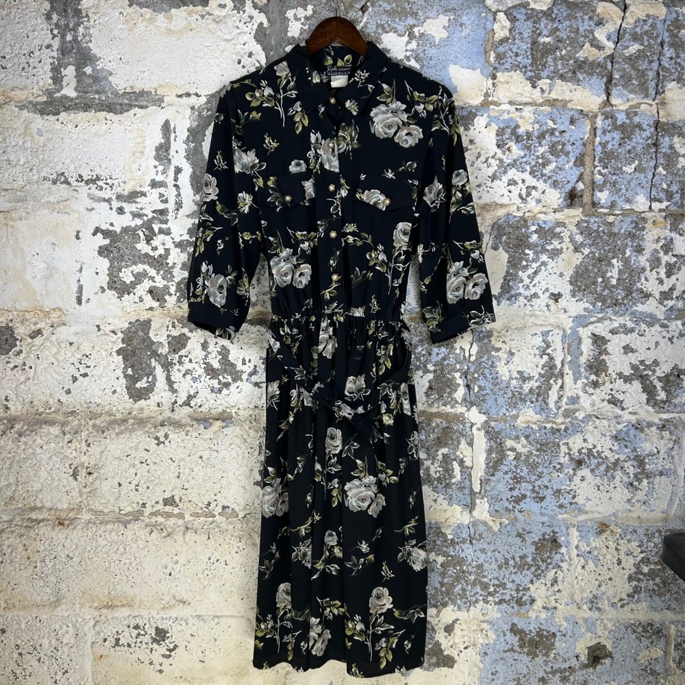 Vintage 80's Breli Originals Floral Shirt Dress Black Belted USA Made Womens 16